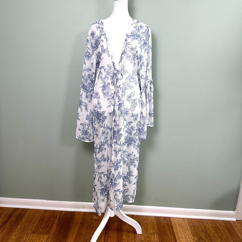 Band Of Gypsies Kimono Swim Cover Up Floral Sheer Medium White Bell Sleeve
